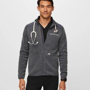 NWT FIGS Men's On-Shift Zip Up Sweater Knit Jacket, Heather Dark Charcoal, L